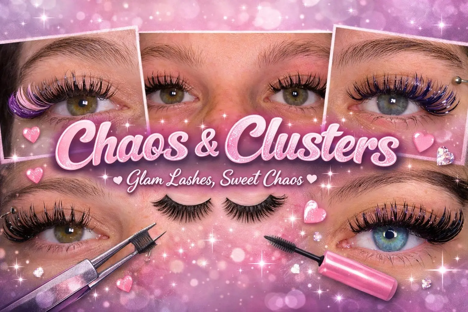 Chaos & Clusters glam lash collage with brand logo and sparkle design