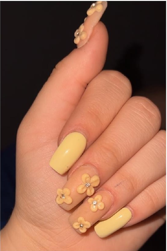 Yellow 3D flower acrylic nail set with gem accents